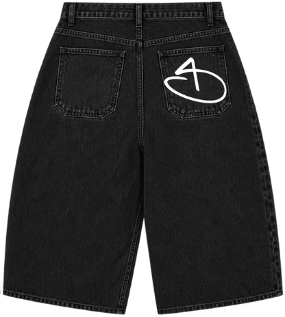 THA DIVINE SCRIPT BAGGY JORTS — BLACK WASH