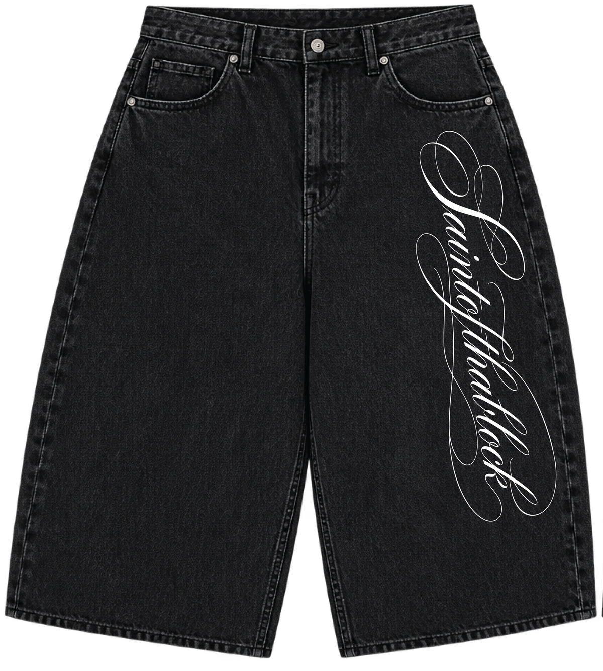 THA DIVINE SCRIPT BAGGY JORTS — BLACK WASH