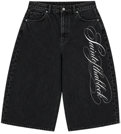 THA DIVINE SCRIPT BAGGY JORTS — BLACK WASH