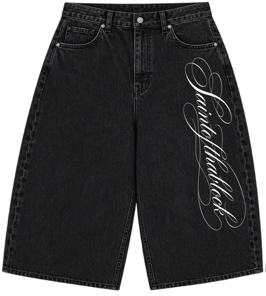 THA DIVINE SCRIPT BAGGY JORTS — BLACK WASH